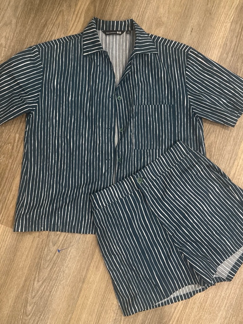 Marimekko Navy and White Striped Short-Sleeve Button-Down Shirt
